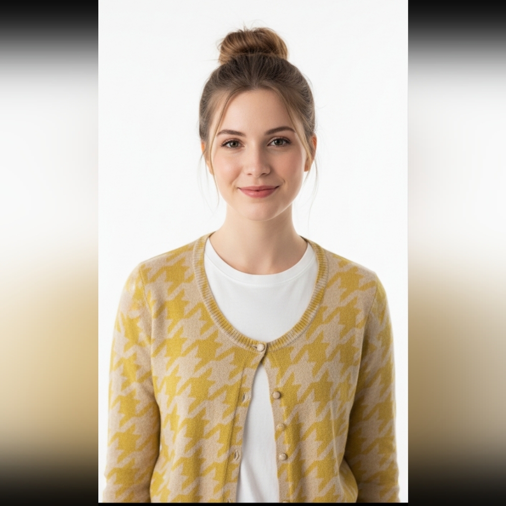 Fossil Women's Yellow Houndstooth Cashmere Blend Sweater Cardigan XS